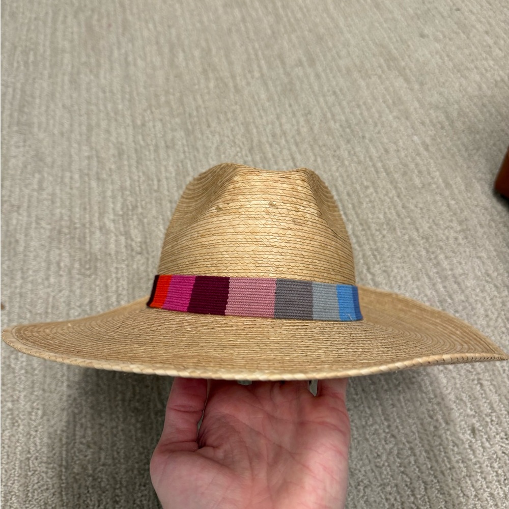 Elegant Tan Straw Hat with Multicolor Band